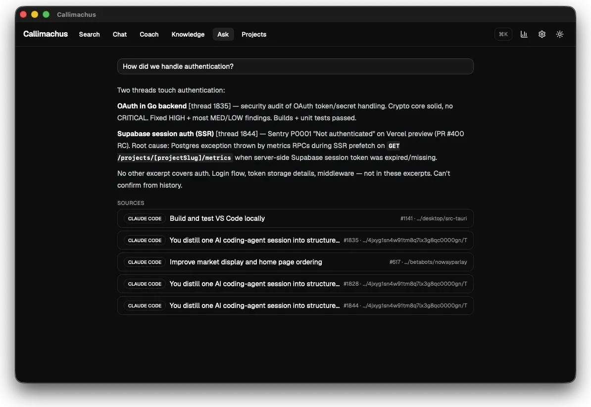 Ask your history: a synthesized, cited answer drawn from the user's own past sessions