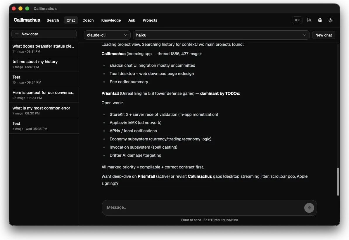 The in-app chat answering over the user's own indexed history, running on a keyless CLI engine