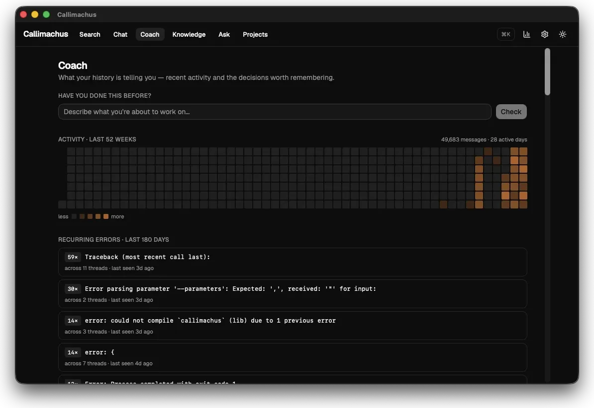 The Coach view: a 52-week activity heatmap and the recurring errors you keep hitting across tools