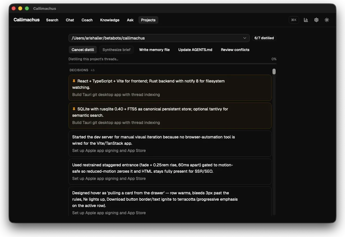 The Projects tab aggregating a repo's distilled decisions, gotchas, and open TODOs with an LLM brief